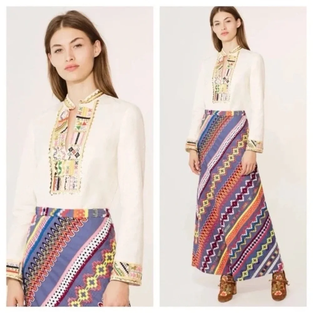 NWT $450 Tory Burch Embellished Linen-blend Tunic Blouse